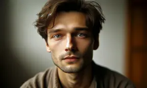Portret młodego mężczyzny z brązowymi włosami i zielonymi oczami, w brązowej koszuli.