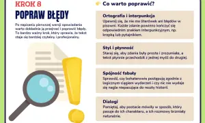 Lupa, wykrzyknik i dokument symbolizujące poprawianie błędów w tekście.