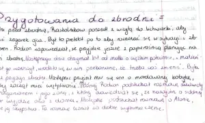 Ręcznie pisany tekst na kartce w kratkę, tytuł "Przygotowania do zbrodni".