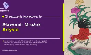 Grafika z kogutem i kwiatami, obok tekst: "Sławomir Mrożek Artysta".