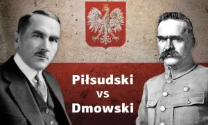 Portret Józefa Piłsudskiego i Romana Dmowskiego na tle flagi Polski.