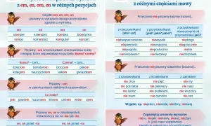 Grafika z sowami w czapkach, przedstawiająca zasady pisowni polskiej: "em", "en", "om", "on" i "nie".