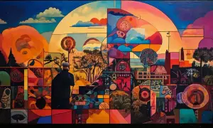 Kolorowy mural z sylwetką mężczyzny patrzącego na surrealistyczny krajobraz podzielony na kafelki.