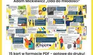 Ilustracja z cytatami i grafikami o "Odzie do młodości" Adama Mickiewicza.