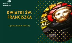 Witraż przedstawiający św. Franciszka z Asyżu na ciemnozielonym tle z żółtymi kropkami.