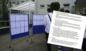 Ludzie czytają ogłoszenia na tablicach przed budynkiem.