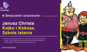 Kajko i Kokosz, dwaj bohaterowie komiksu, na tle fioletowego tła z tekstem.
