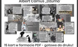 Kolaż grafik i fragmentów tekstu o "Dżumie" Alberta Camusa.