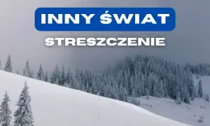 Zasypany śniegiem las i zbocze z napisem "INNY ŚWIAT STRESZCZENIE".