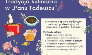 Ilustracja przedstawia garnek z gotującym się jedzeniem, miseczkę z potrawką i słoik miodu, otoczone kwiatami.