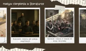 Cztery obrazy: dziewczynka na stacji, uczniowie w klasie, harcerze w ruinach, mężczyzna w żałobie.