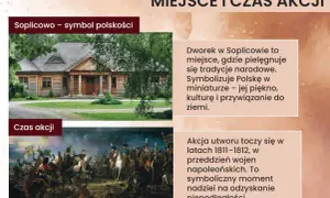 Drewniany dworek i scena batalistyczna z epoki napoleońskiej.
