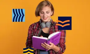 Dziewczyna w słuchawkach czyta fioletową książkę "Zbrodnia i kara" na tle pomarańczowym.