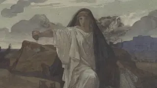 Antygona w białej todze i czarnym welonie, trzymająca miecz, na tle krajobrazu z miastem.
