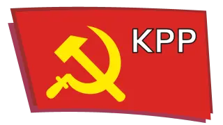 Czerwona chorągiew z żółtym sierpem i młotem oraz napisem KPP.