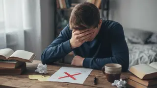 Młody mężczyzna z ręką na twarzy siedzi przy biurku z książkami i pracą z czerwonym krzyżykiem.