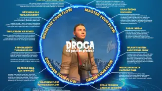 Mężczyzna w okularach i kurtce, otoczony niebieską poświatą z tekstem "Droga od pasji do profesji".