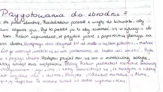 Ręcznie pisany tekst na kartce w kratkę, tytuł "Przygotowania do zbrodni".