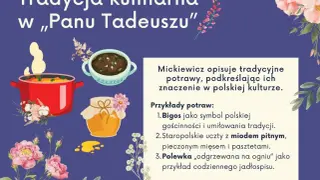 Ilustracja przedstawia garnek z gotującym się jedzeniem, miseczkę z potrawką i słoik miodu, otoczone kwiatami.