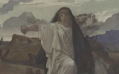 Antygona w białej todze i czarnym welonie, trzymająca miecz, na tle krajobrazu z miastem.