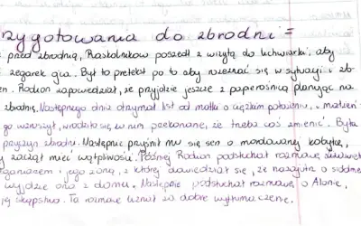 Ręcznie pisany tekst na kartce w kratkę, tytuł "Przygotowania do zbrodni".