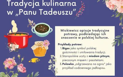 Ilustracja przedstawia garnek z gotującym się jedzeniem, miseczkę z potrawką i słoik miodu, otoczone kwiatami.