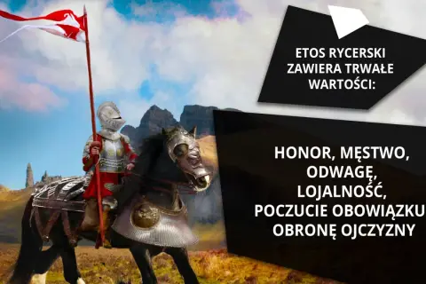 Rycerz w zbroi na koniu z flagą, na tle gór i chmur.