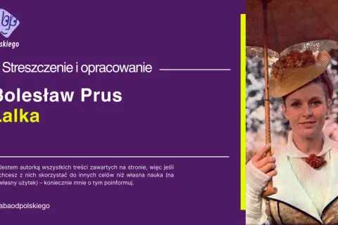 Kobieta w kapeluszu i z parasolką, obok tytuł "Lalka" Bolesława Prusa.