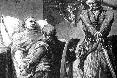Ilustracja z "Pana Tadeusza": chory leży w łóżku, obok niego klęczy młody mężczyzna, a po prawej stoi z mieczem kapitan Ryków.