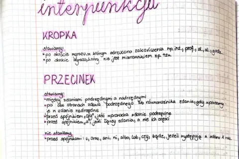 Ręcznie pisane notatki o interpunkcji: "Kropka" i "Przecinek" z zasadami ich stosowania.