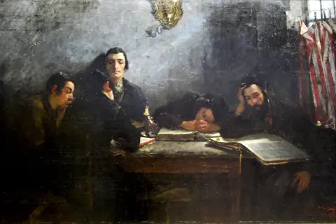 Obraz przedstawia grupę mężczyzn pochylonych nad stołem, z książkami i flagami w tle.