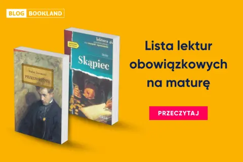 Dwie okładki książek: "Przedwiośnie" i "Skąpiec", na żółtym tle.