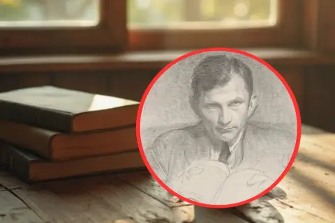 Ołówek portret mężczyzny czytającego książkę, obok stosu starych ksiąg na drewnianym stole.