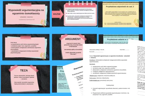 Grafika przedstawia materiały edukacyjne dotyczące wypowiedzi argumentacyjnej na egzaminie ósmoklasisty.