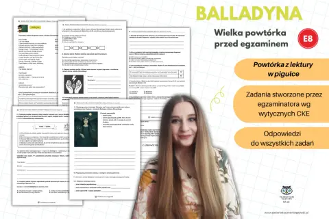 Dziewczyna z zeszytami i materiałami do powtórki przed egzaminem ósmoklasisty z lektury "Balladyna".