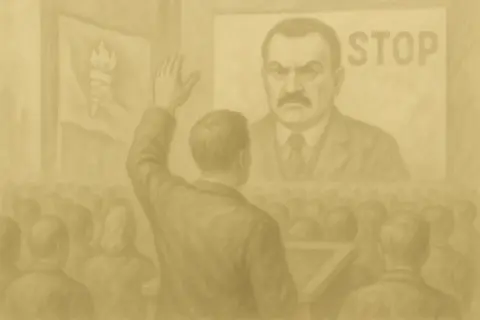 Mężczyzna z podniesioną ręką przed tłumem i portretem surowego przywódcy z napisem "STOP".