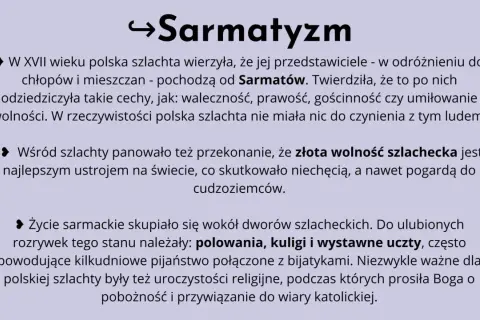 Strzałka i tekst "Sarmatyzm" na jasnoszarym tle.