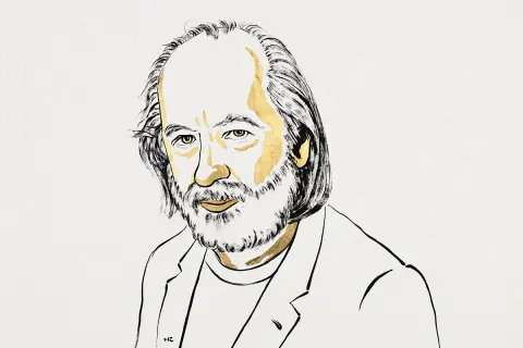 Ilustracja portretowa mężczyzny z brodą i włosami, z zaznaczonymi złotem oczami i policzkami.