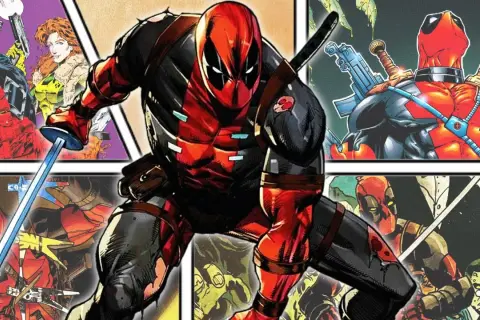 Komiksowa kolaż z Deadpool w centrum, otoczony innymi panelami z jego wizerunkiem.