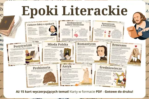 Ilustracja przedstawia kolaż z epok literackich, z portretami pisarzy i grafikami.