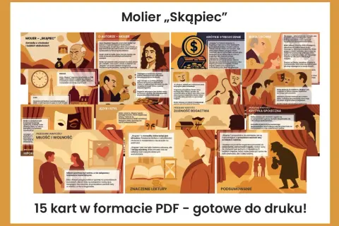Ilustracja przedstawia kolaż grafik i cytatów z "Skąpca" Moliera, z dominującymi postaciami i symbolami.