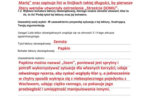 Fragment tekstu z polskiego egzaminu ósmoklasisty, zawierający pytania i odpowiedzi dotyczące lektur.