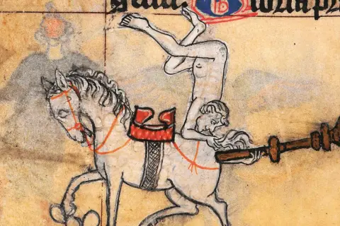 Ilustracja z rękopisu: akrobata na koniu trzymający drewniany przedmiot.