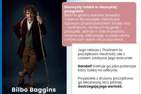 Bilbo Baggins, hobbit z laską, w stroju podróżnym.