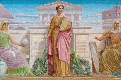 Mozaika przedstawiająca alegorie mitologii, historii i tradycji z postaciami i budowlami.