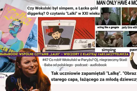 Okładka książki "Lalka", mem z Wokulskim, fragmenty filmu i kobieta mówiąca do mikrofonu.
