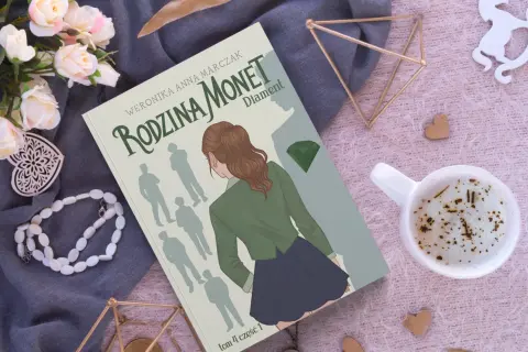 Okładka książki "Rodzina Monet: Diament" z dziewczyną i sylwetkami rodziny.