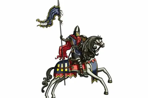Ilustracja rycerza w zbroi na koniu z włócznią i flagą.