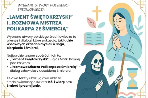 Postać Śmierci, modląca się Matka Boska, krzyż, księga i klepsydra.