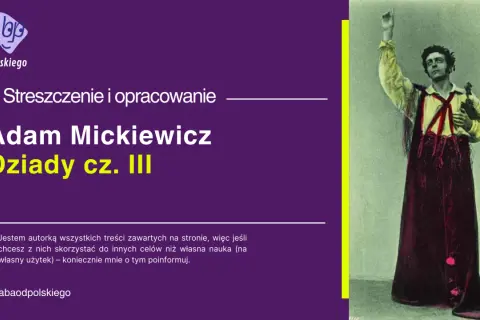Grafika z portretem mężczyzny w stroju ludowym i tekstem "Adam Mickiewicz Dziady cz. III".